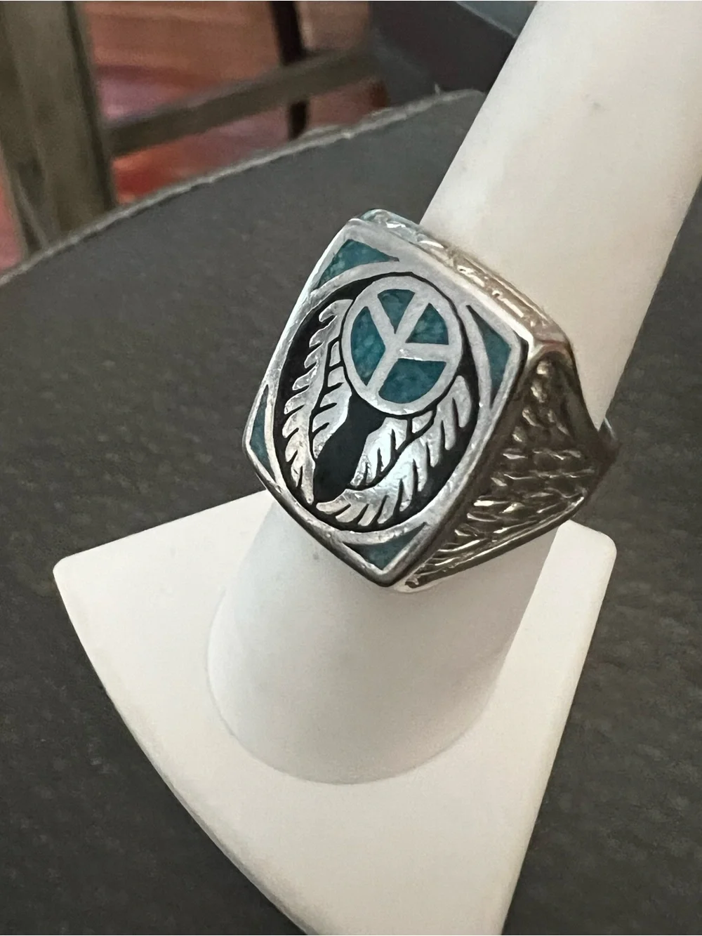 Turquoise Inlay Winged Emblem Sterling Men's Ring